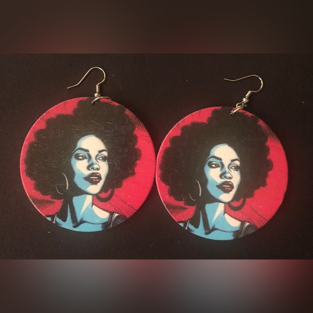 Bold Afro Portrait Red and Blue Round Wood Earrings - Women Jewelry